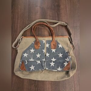 Mona B Tan and Blue Star Patterned Bag